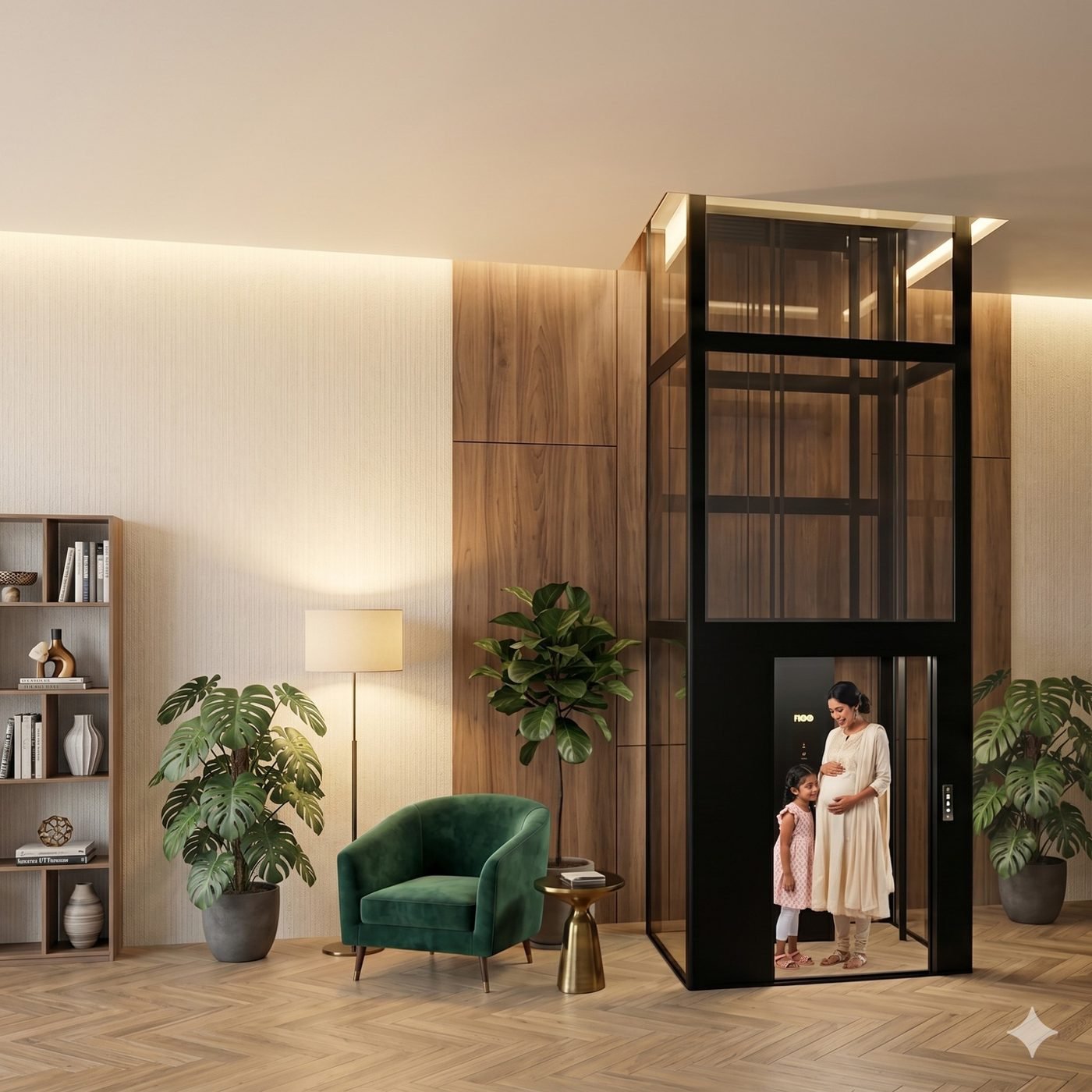 A mother and daughter stepping into a NeoRide home elevator